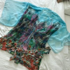 Floral turquoise purple belted silk kimono
